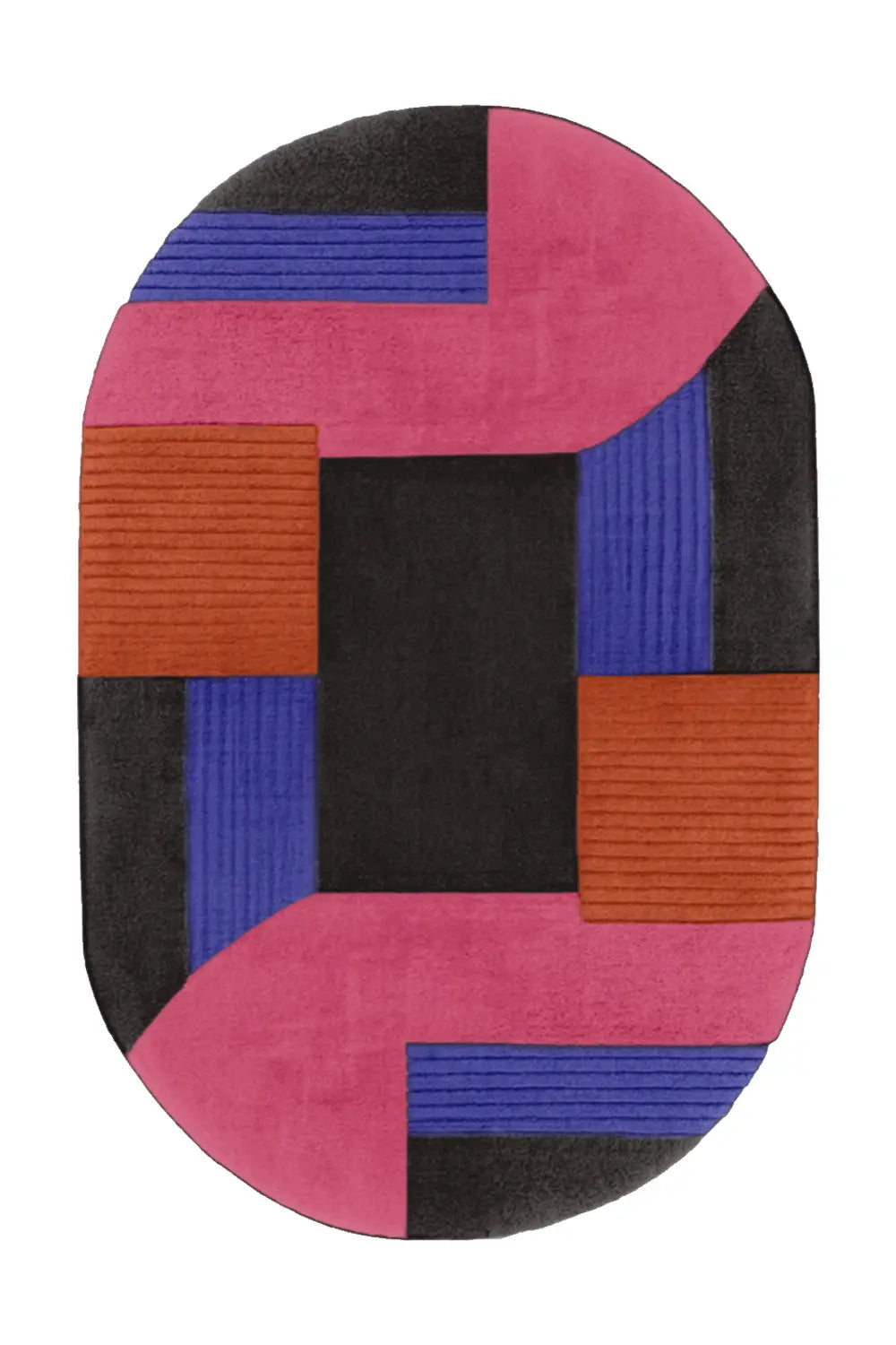 Pink, black, and orange oval wool rug with graphic hand-tufted color blocking and soft plush texture