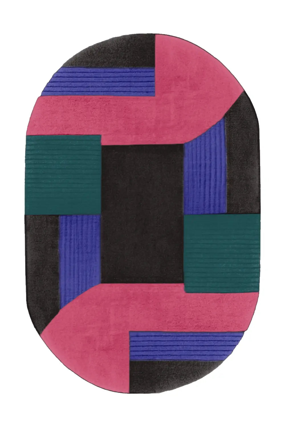 Black, pink, and green oval wool rug with modern abstract color blocking and sculptural hand-tufted texture