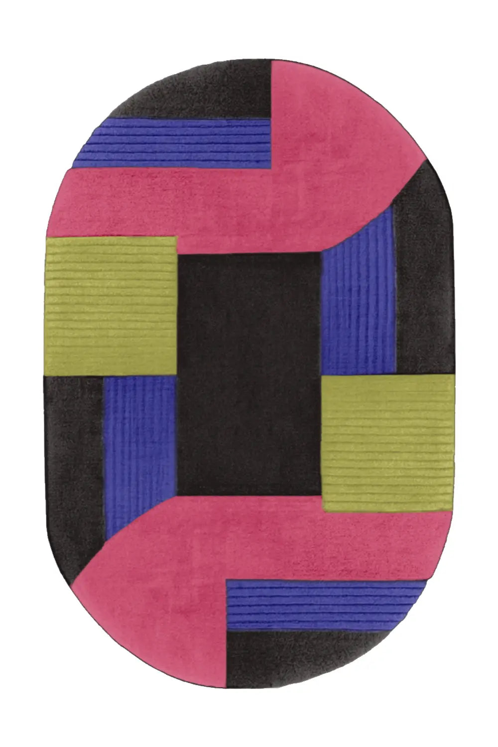 Multicolor oval wool rug in navy, olive, burgundy, and black tones with geometric block pattern