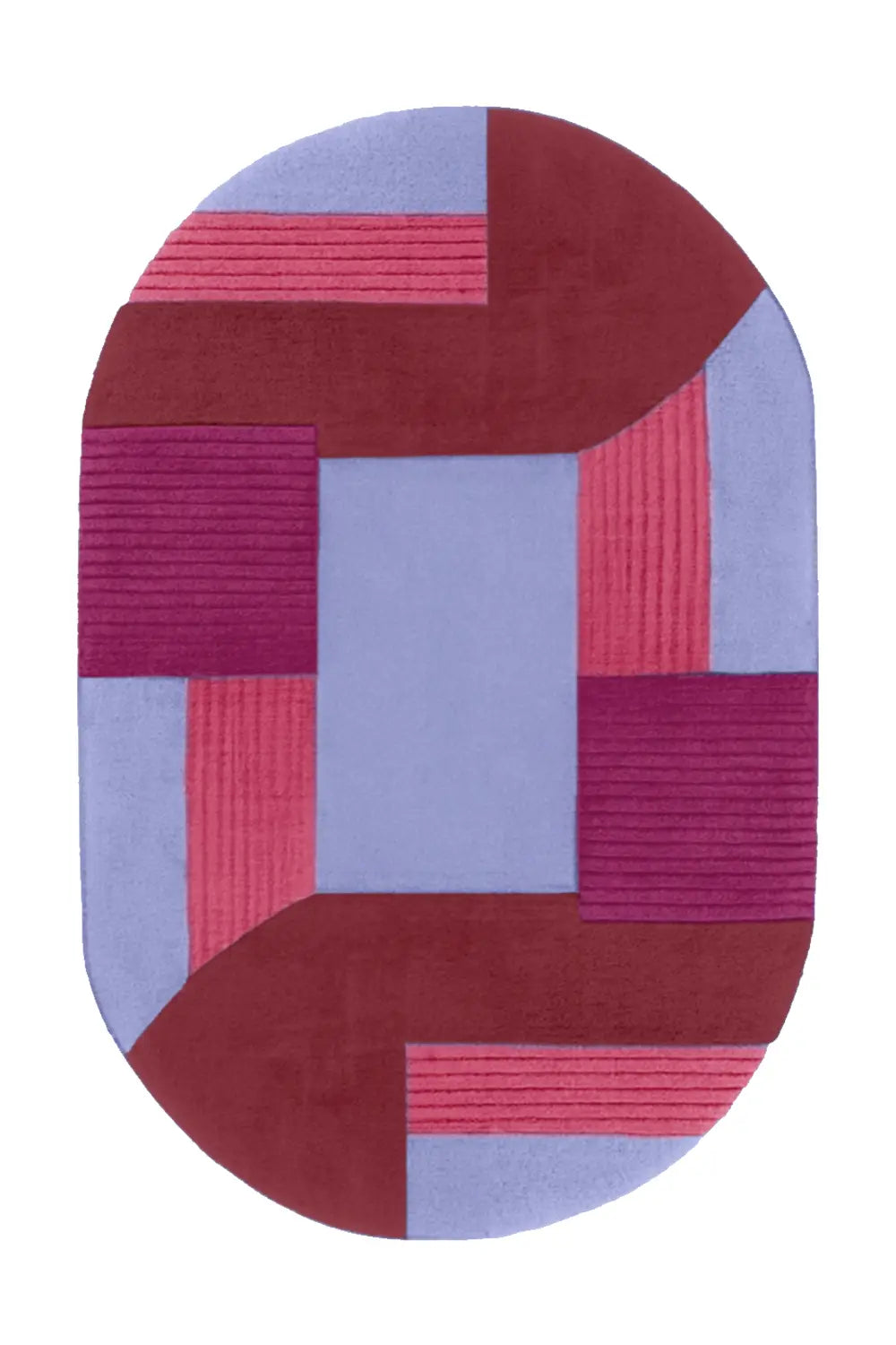 Lavender and burgundy oval wool rug with bold hand-tufted color blocks and high-pile sculpted surface