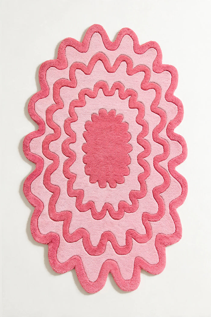 5x8 pink wavy abstract oval rug, scalloped modern wool area rug for living room or bedroom