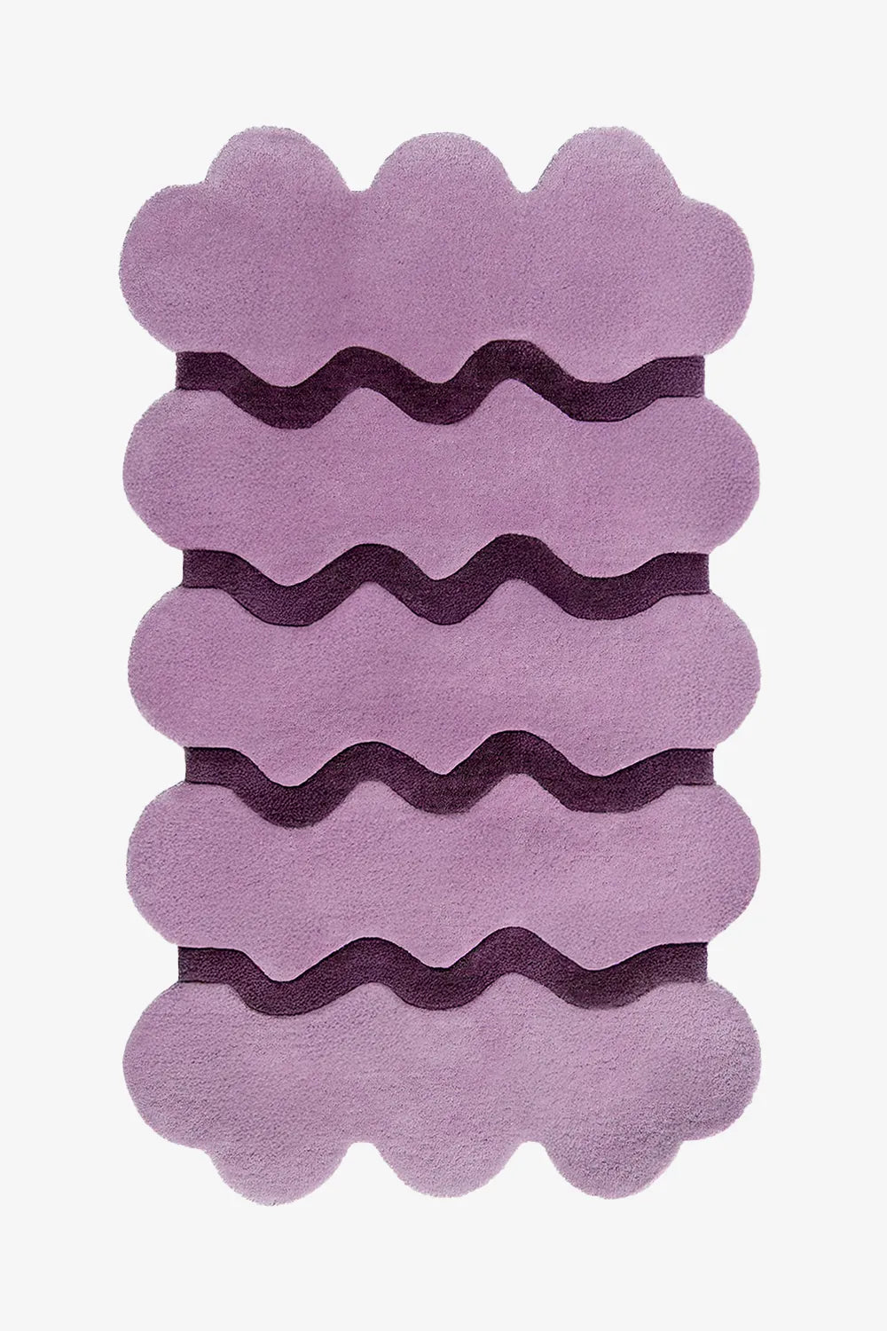 Lavender purple scalloped wool rug with dark plum ripple stripes, modern abstract purple area rug 8x10 for living room