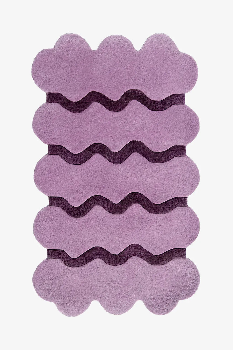Lavender purple scalloped wool rug with dark plum ripple stripes, modern abstract purple area rug 8x10 for living room