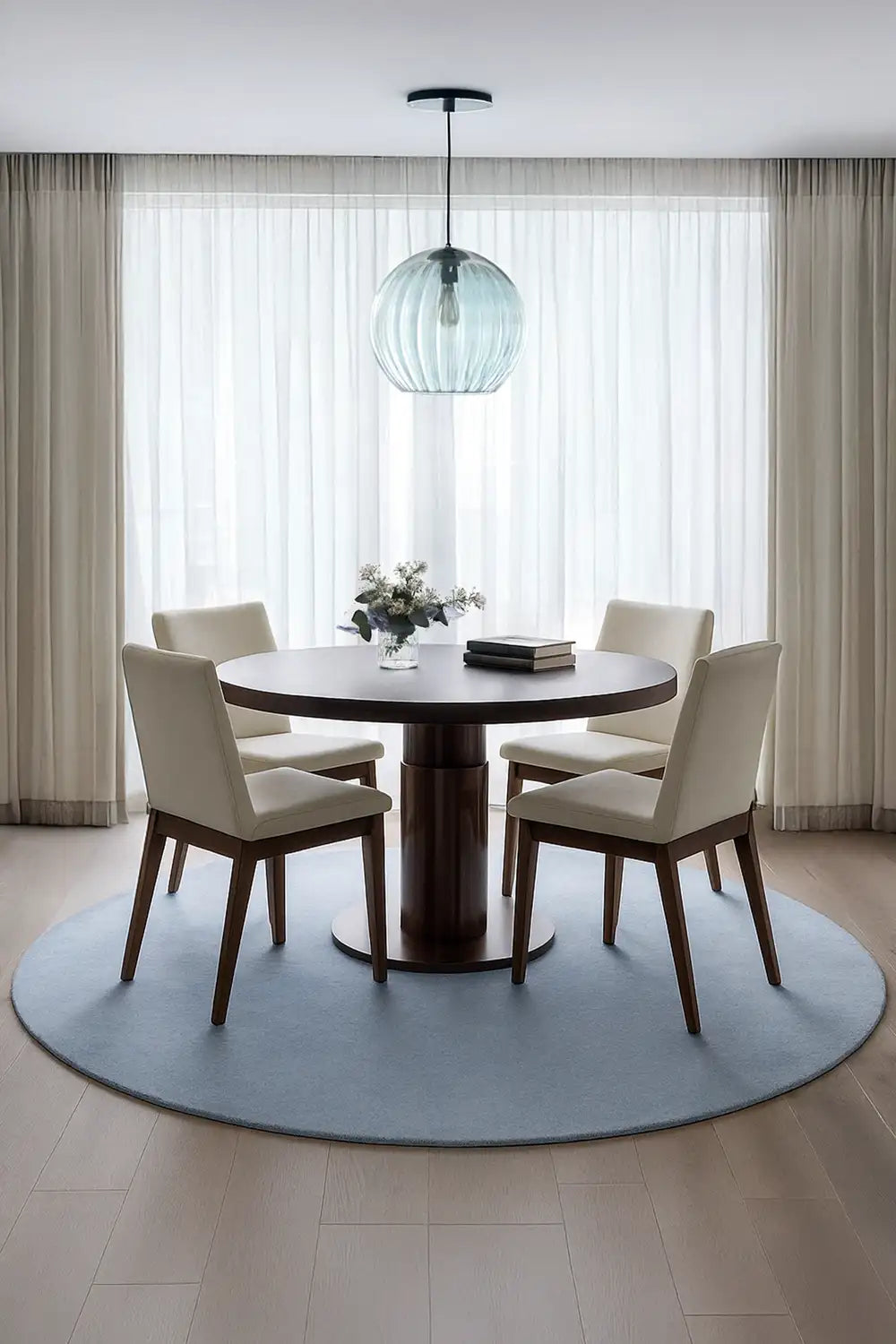 Modern 8ft round blue rug styled under a round dining table in bright minimalist dining room lifestyle