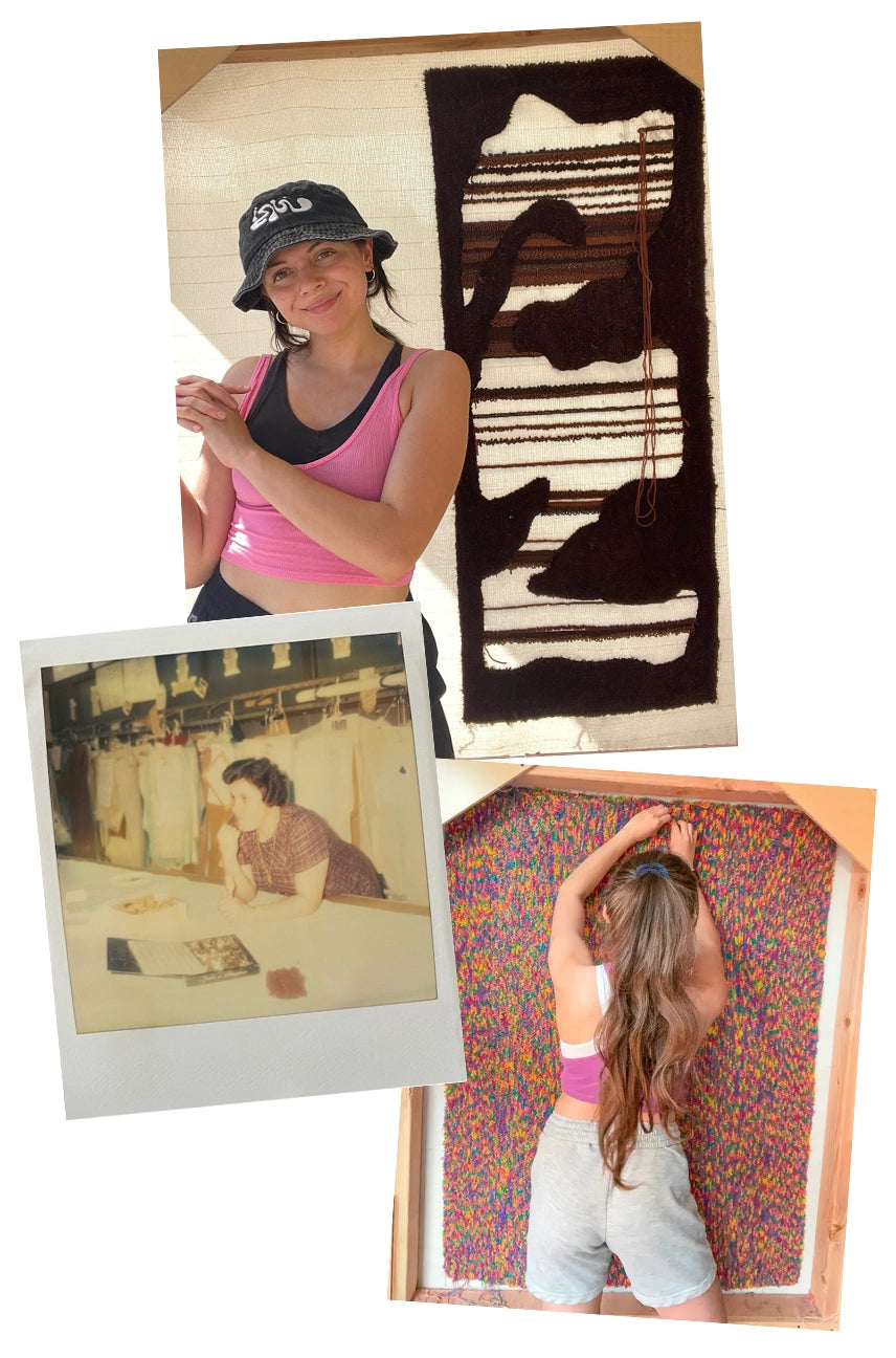 collage of photos showcasing the origin of jubi rugs, founded by textile artist cassie dagostino