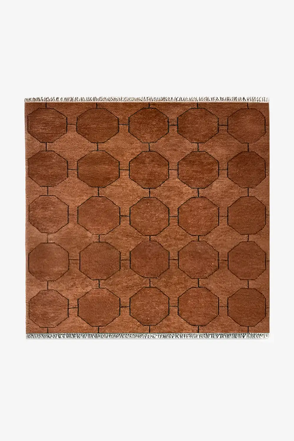 brown square wool rug with geometric pattern of repeating octagons hand-knotted | 5x5