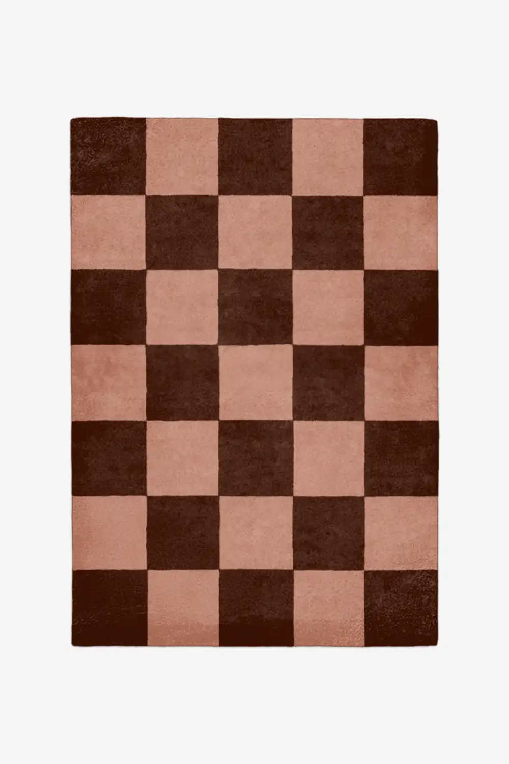 Brown and tan wool rug with checkered pattern and modern edge