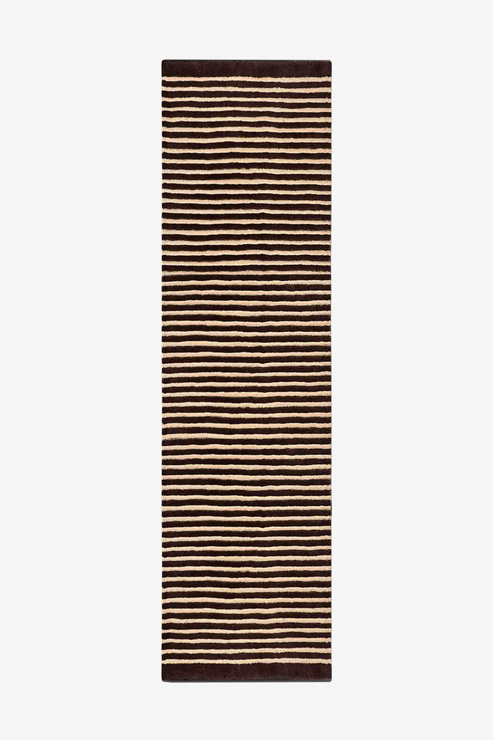 Modern wool runner rug in brown and tan stripes, ideal for hallways or kitchens