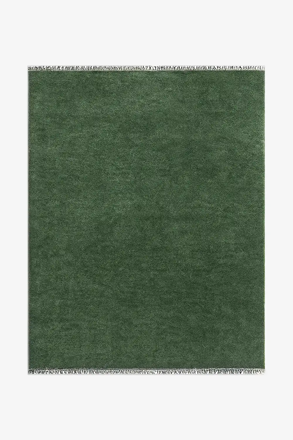 deep green knotted wool area rug with fringe on a white background