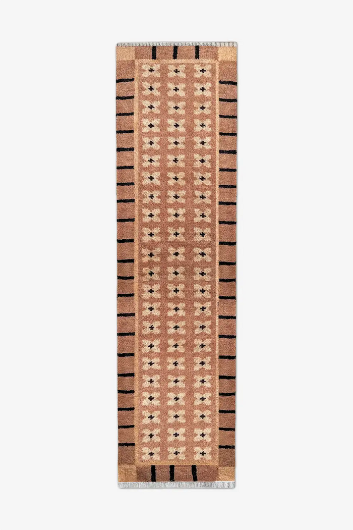 Mid-century modern runner rug with geometric border, hand knotted in warm brown and taupe wool, ideal for hallways or kitchens