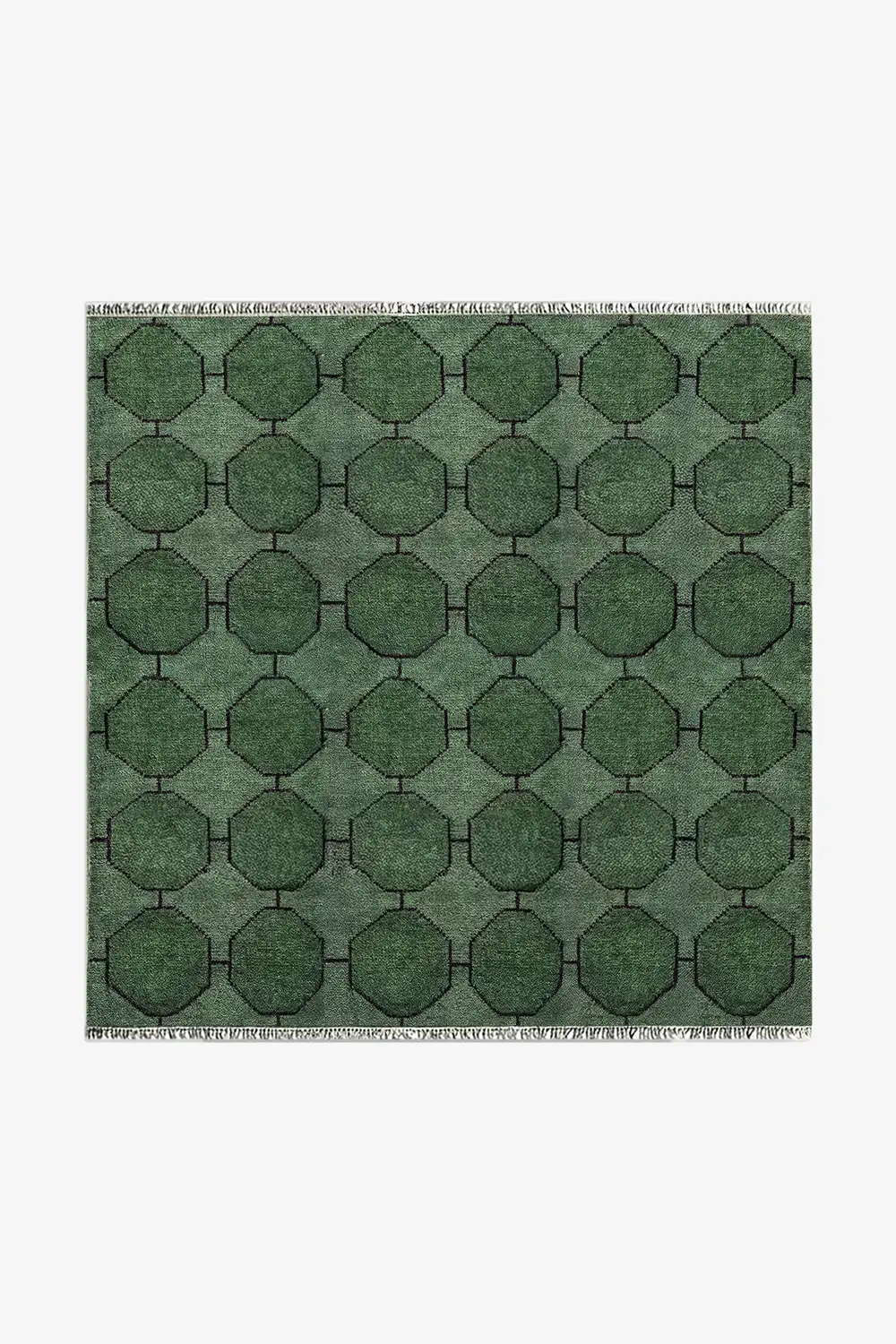 dark green square wool rug 6x6 with geometric octagon pattern hand-knotted | 6x6