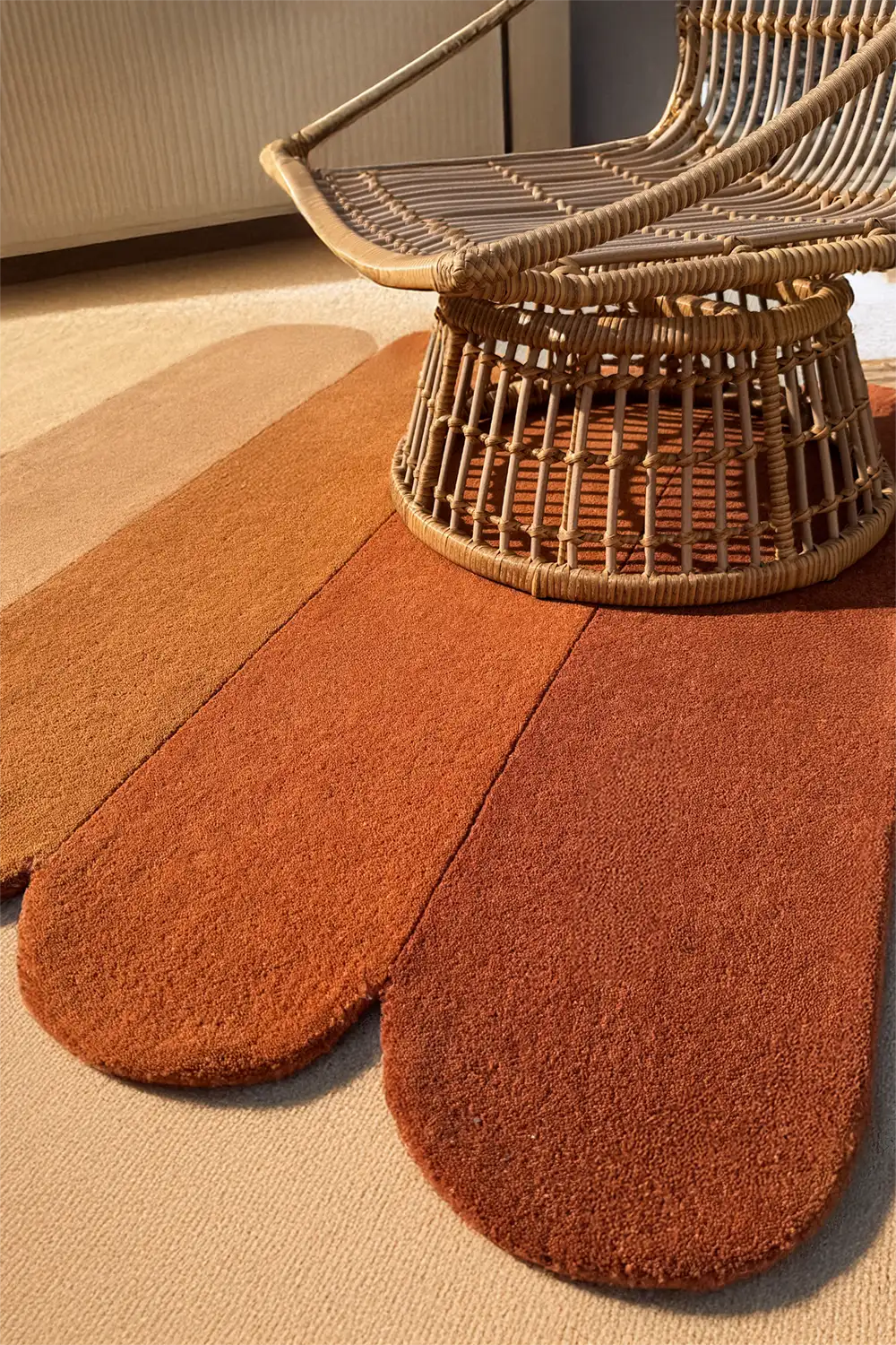 Retro-style boho rug in rich gold and rust hues, ideal as a sculpted entryway or bedroom accent rug lifestyle