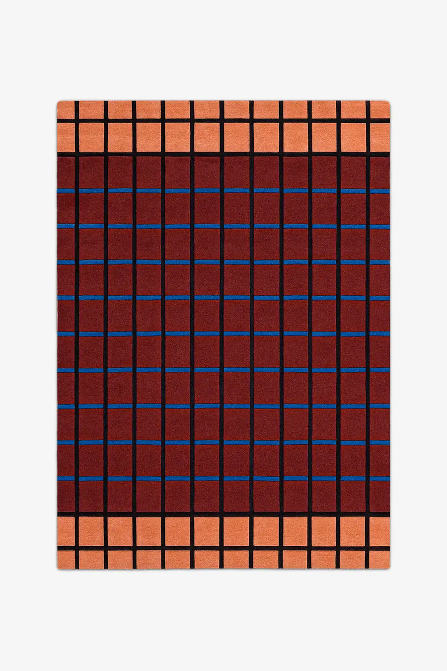 Plaid patterned rug with red, blue, and orange colors on a white background