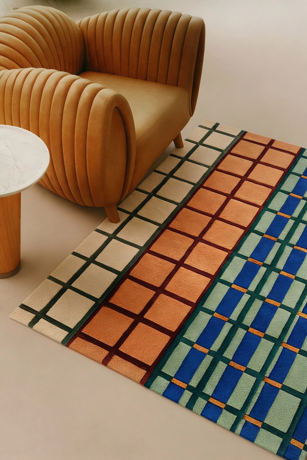 multicolor geometric rug in a modern midcentury living room lifestyle
