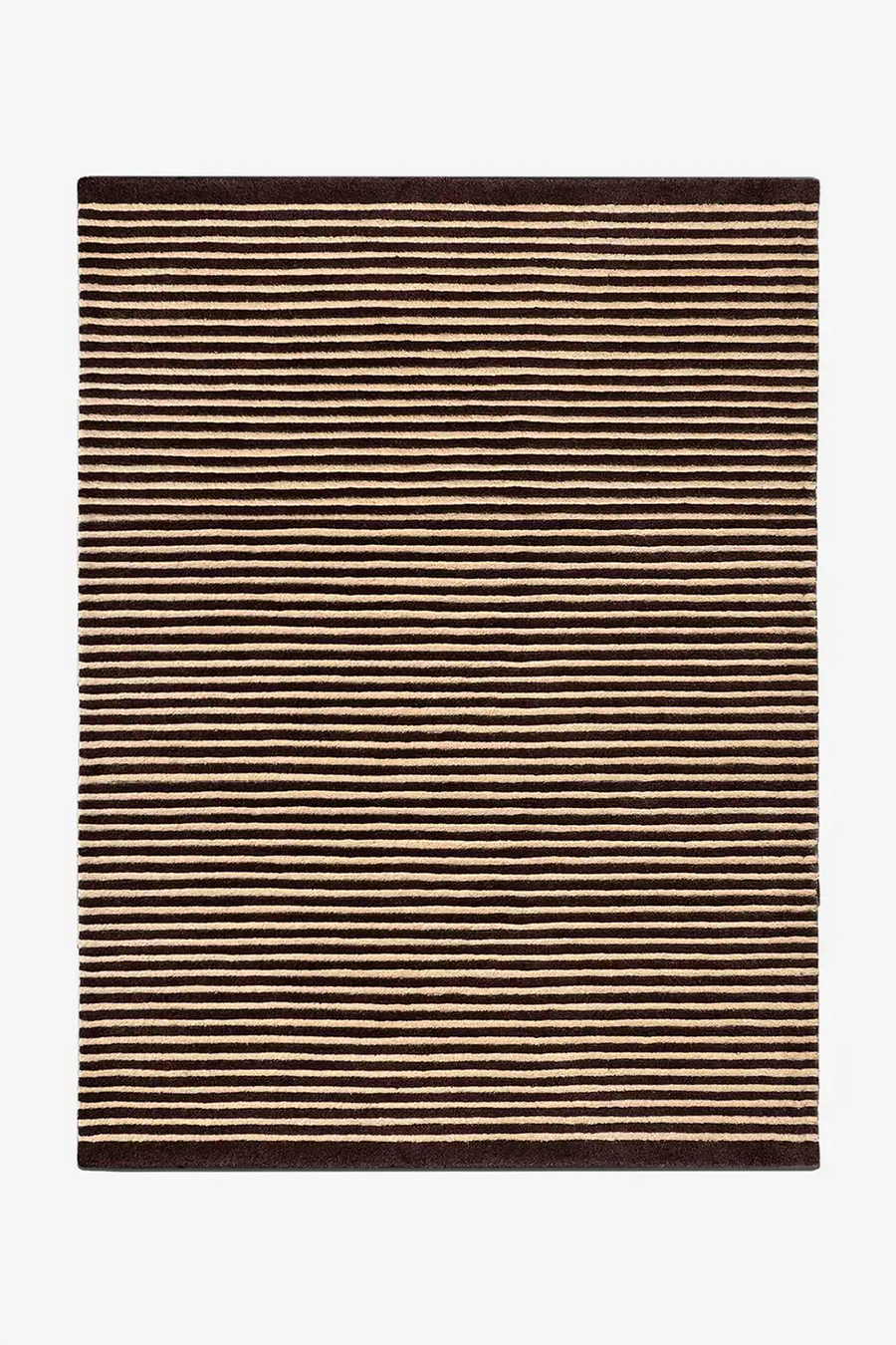 Neutral wool area rug with thin brown and tan stripes in a classic modern pattern