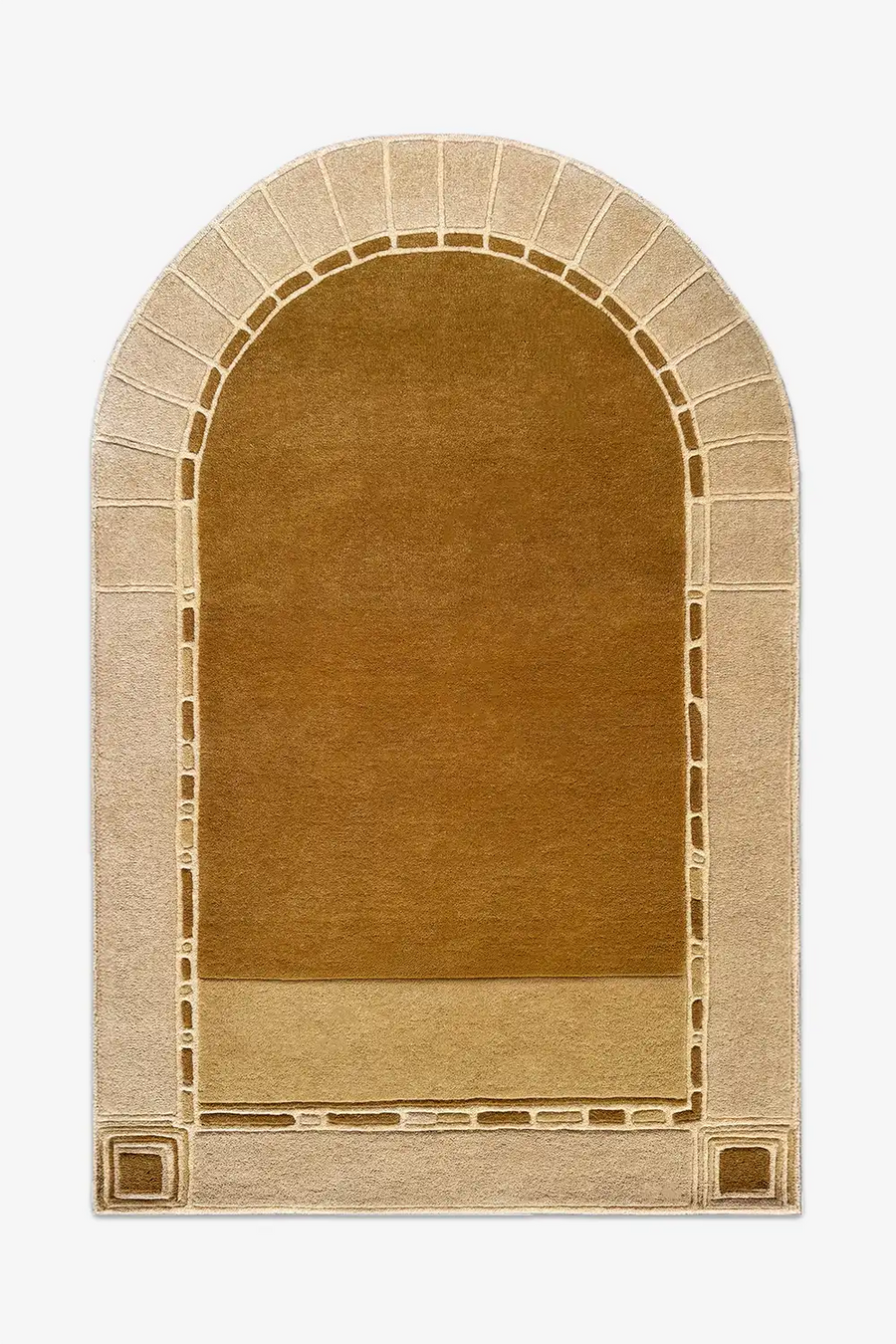 Arched gold and taupe area rug with architectural Greek-inspired border, perfect as a neutral 5x8 or 8x10 rug for living rooms or bedrooms