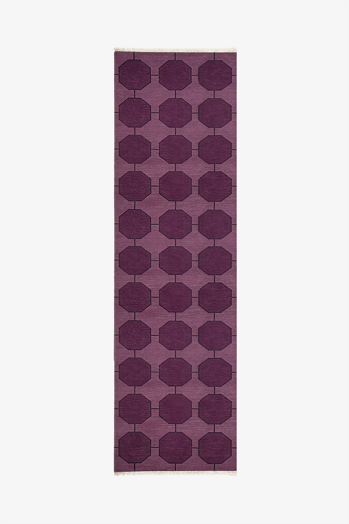 Purple runner rug with a modern geometric pattern on a white background | 3x11