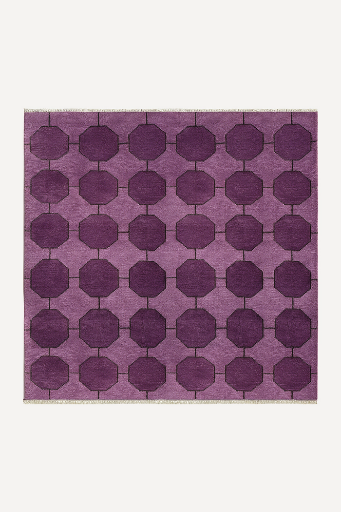 Purple square rug with geometric pattern on a white background | 5x5