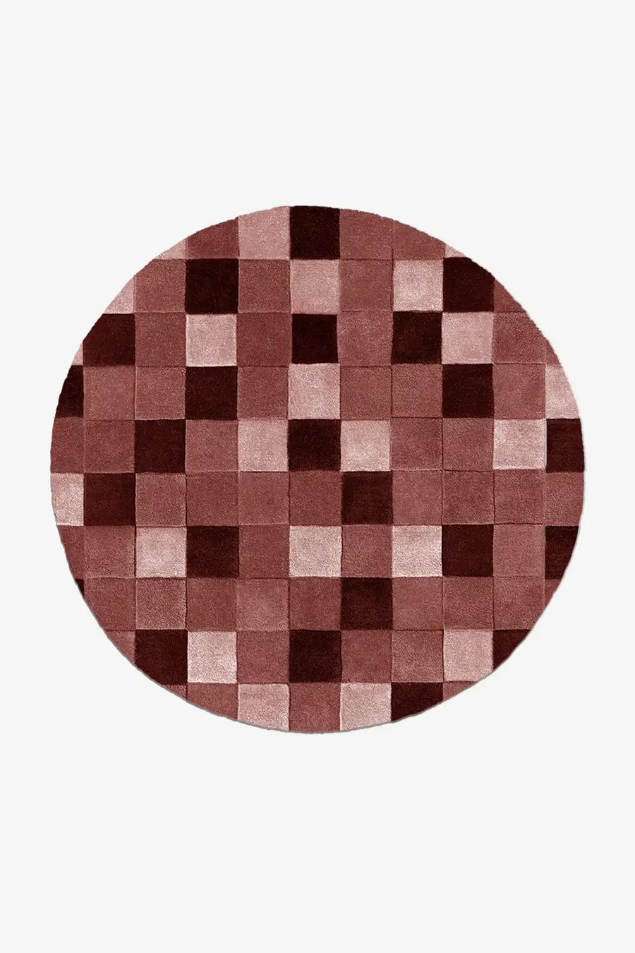 round checkered wool rug in burgundy pink tones perfect for modern boho or rustic interiors, size 9x9