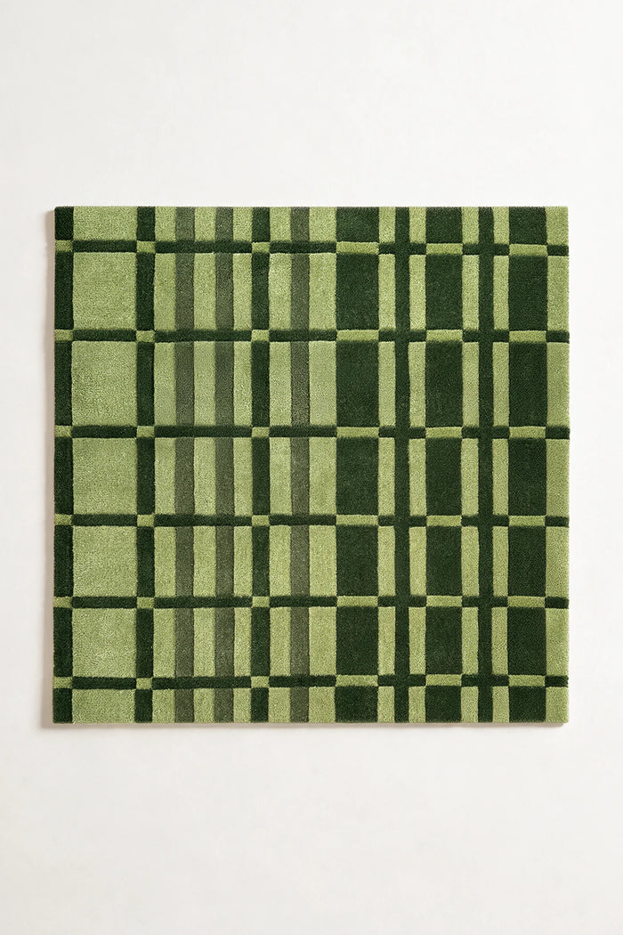 green geometric square rug with retro striped checkered design hand tufted wool