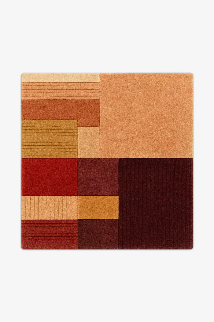 Multicolored geometric patterned square wool rug with textured ridges in earth tones on a white background