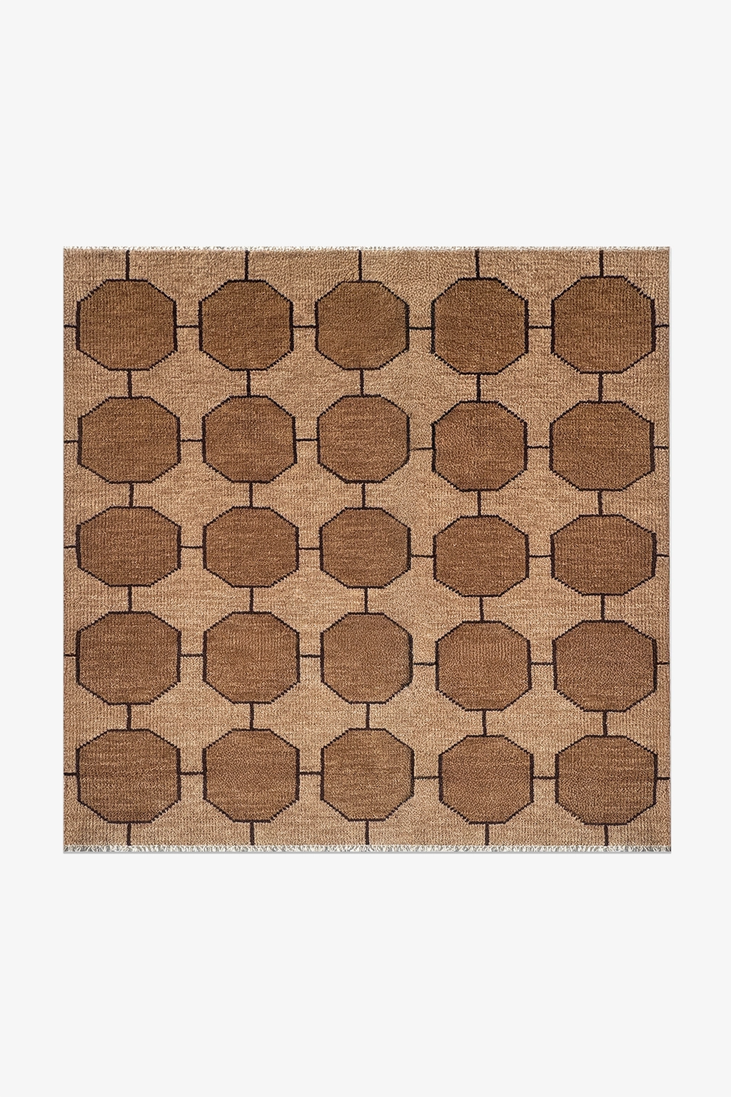 light tan taupe patterned square rug with brown geometric design on a beige background | 5x5