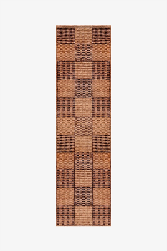hand-knotted wool runner rug with tan brown and black geometric checkered pattern