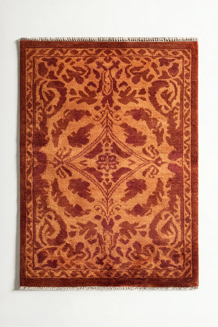 Hand-knotted wool rug with intricate botanical pattern in rust red and gold, 8x10 area rug