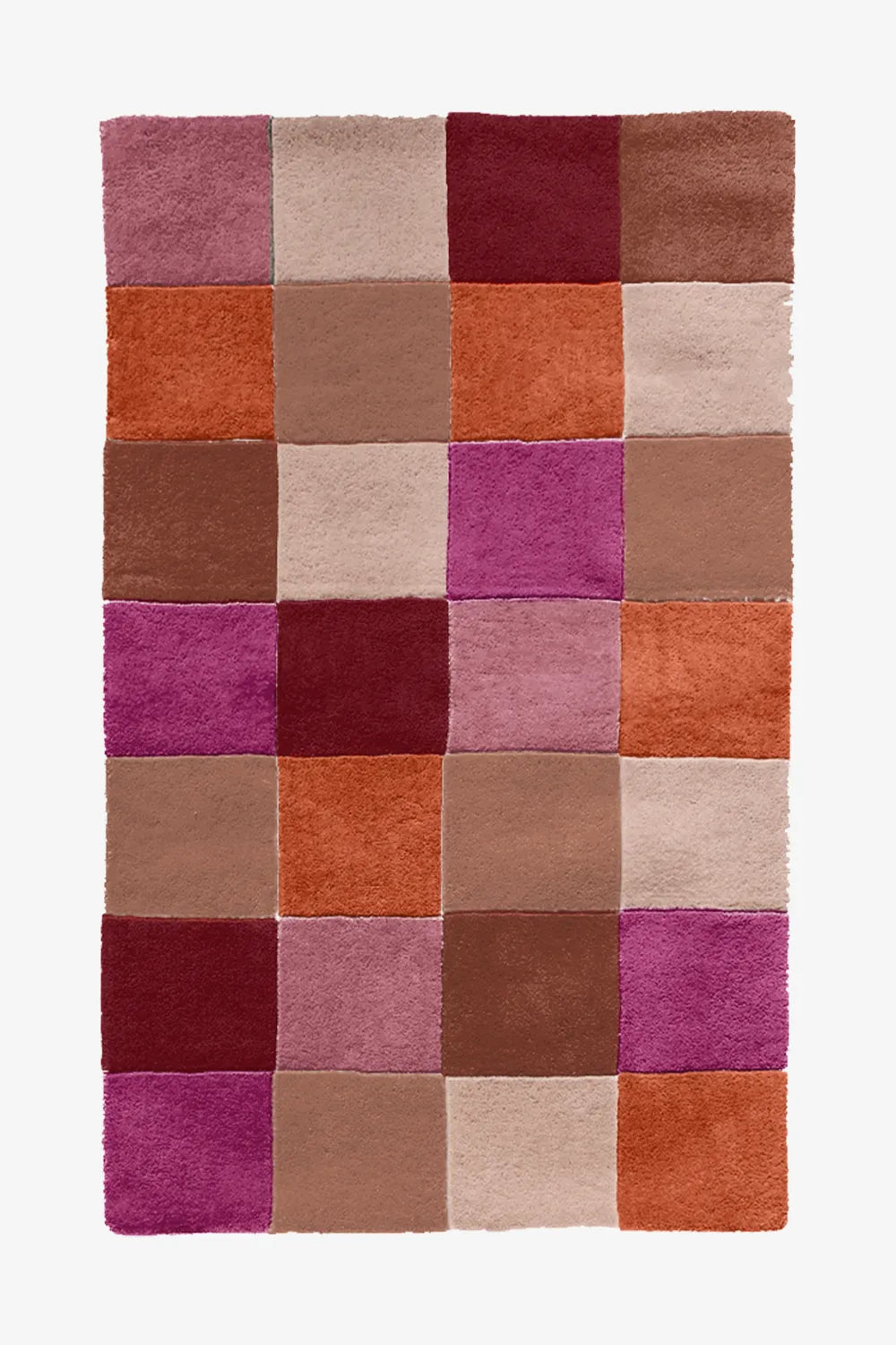 Multicolor pink and orange checkerboard wool rug, playful modern area rug