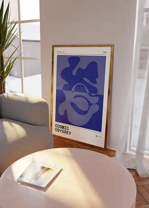 Vertical abstract art print in deep blue hues with gestural strokes, perfect for living room walls or study nooks
