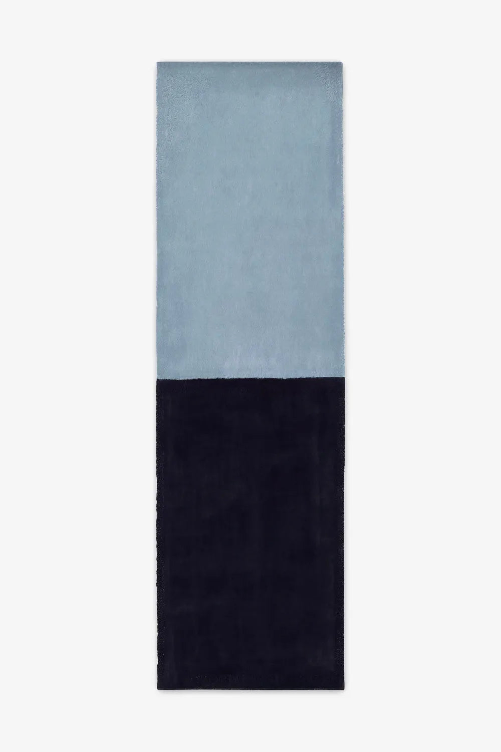 Soft blue and deep navy wool runner rug available in 2x8 and 2.5x10, ideal for modern hallway designs, coastal-inspired interiors, and playful transitional spaces.