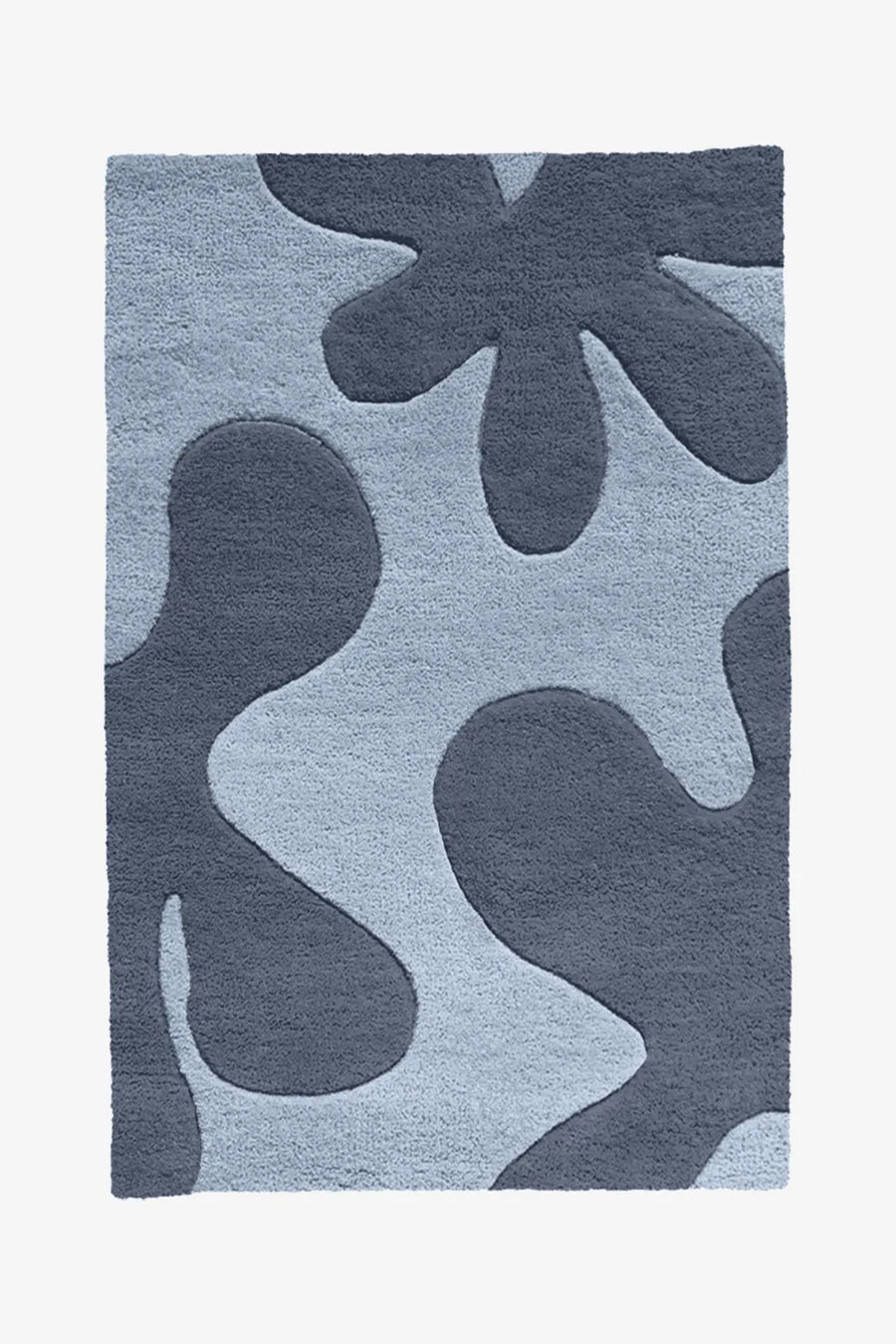 Modern abstract blue wool rug with organic floral shapes and hand-tufted plush texture