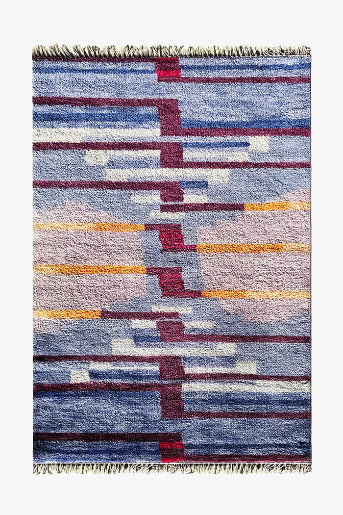 8x10 multicolor hand-knotted wool rug with modern abstract stripe and color block pattern