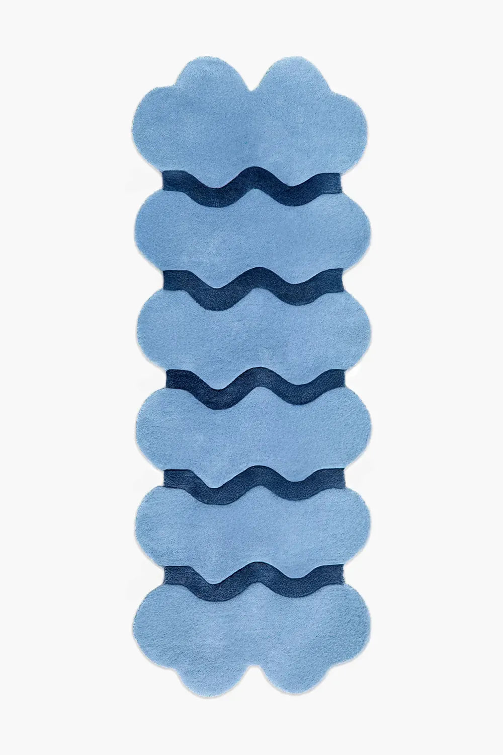 3x8 playful blue and navy wavy runner rug with scalloped edges, a fun and modern choice for colorful hallways, kids' rooms, or lively entryways