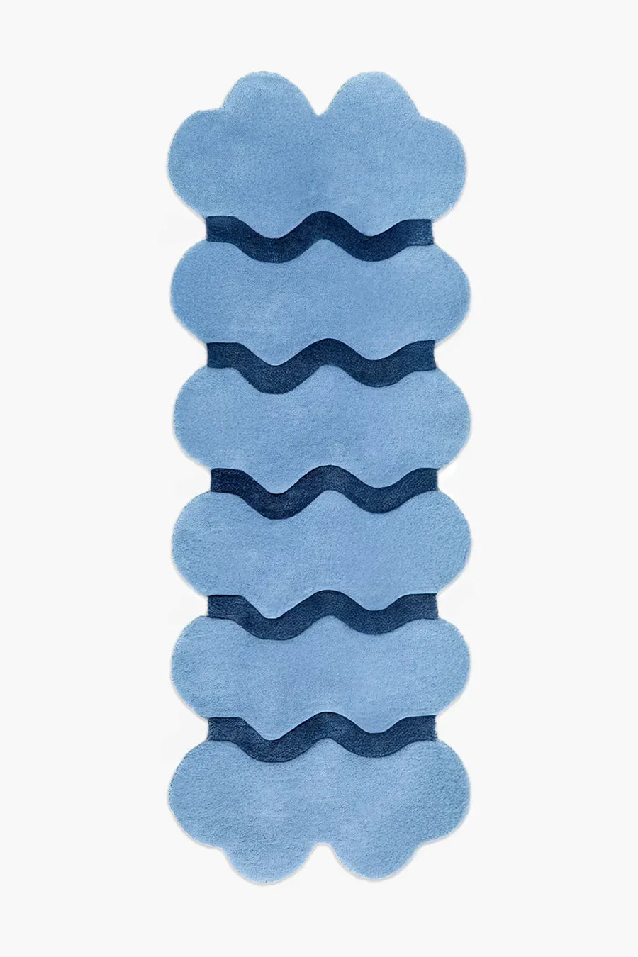 3x8 playful blue and navy wavy runner rug with scalloped edges, a fun and modern choice for colorful hallways, kids' rooms, or lively entryways