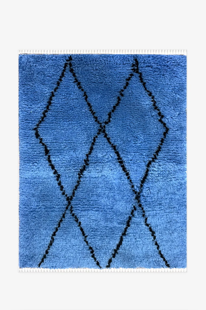 Bright blue hand-tufted shag rug with black diamond pattern, perfect as an 8x10 or 5x8 colorful wool area rug for modern living rooms