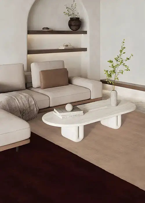 Modern color block rug in warm brown tones with minimalist composition, ideal as a 6x9 wool rug for living rooms or bedrooms