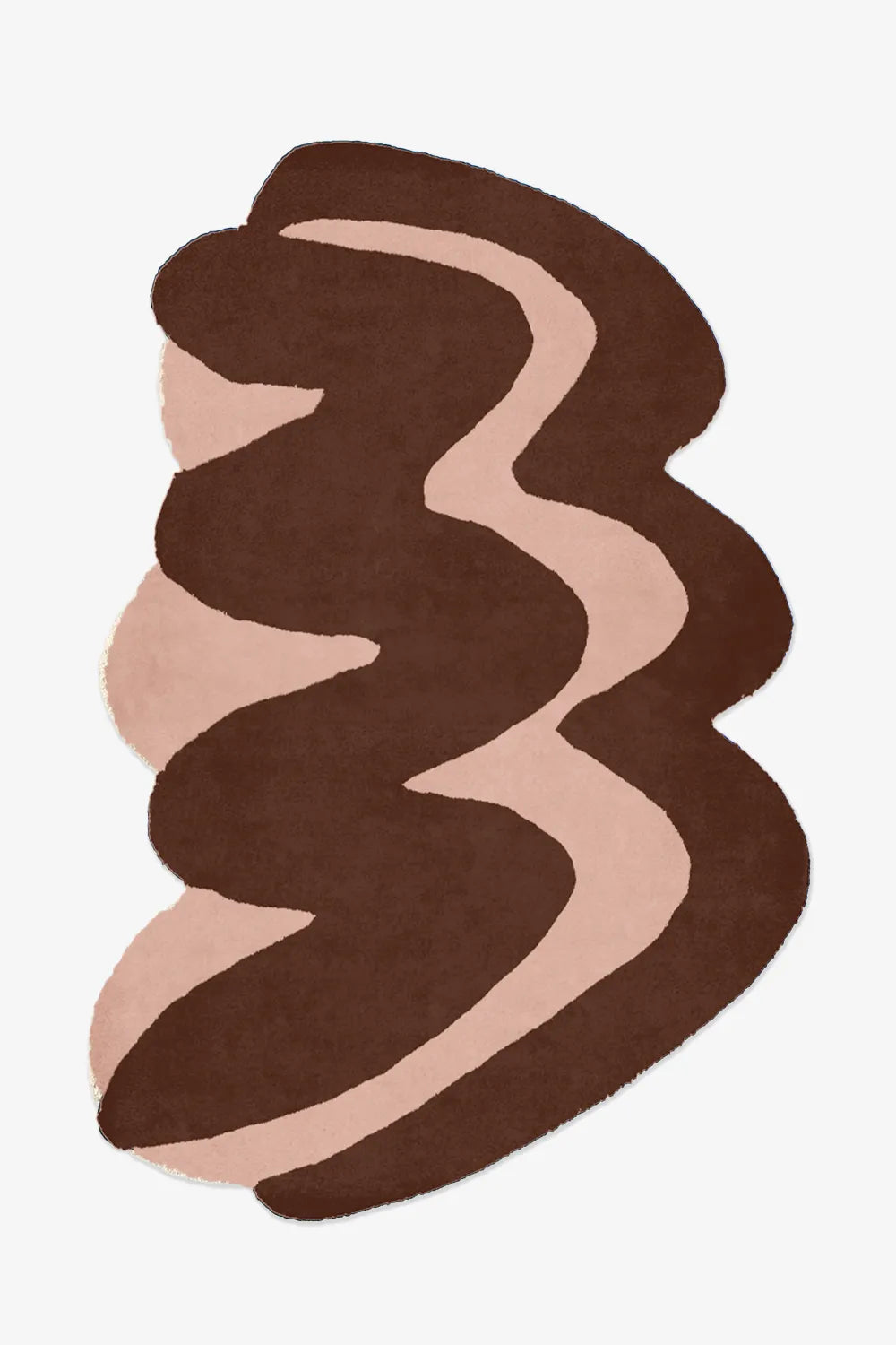 Brown and blush pink modern shag rug with curved organic shape and plush tufted texture