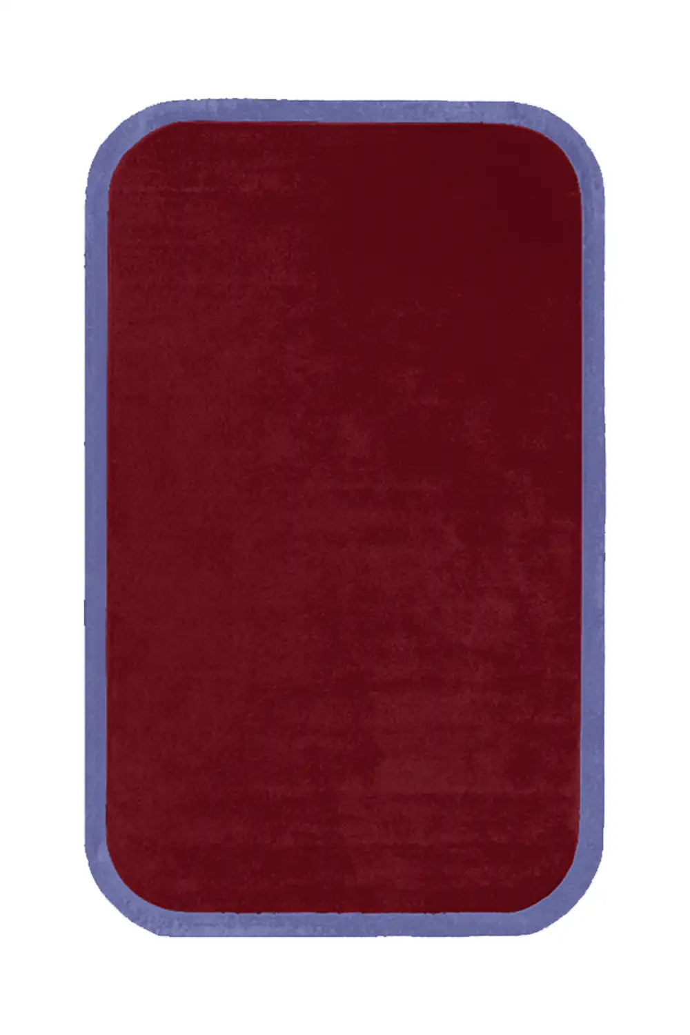A rectangular rug in deep burgundy with a soft-textured surface, finished with a muted purple contour border.