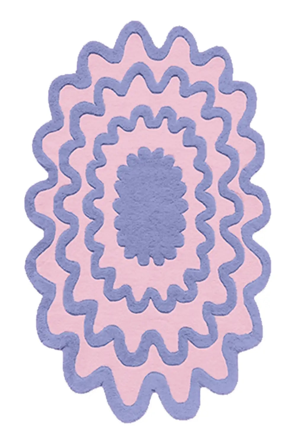Blue, pink, and lavender ripple wool rug, colorful boho style oval rug