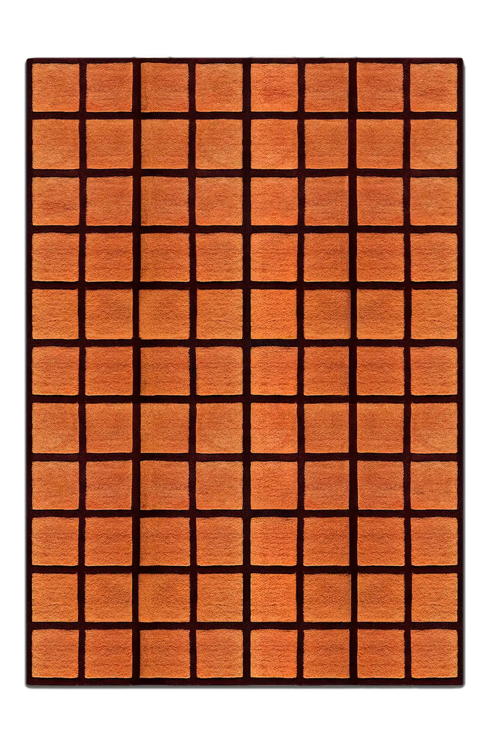 Modern boho area rug in terracotta with bold dark brown grid lines, hand-tufted from plush wool