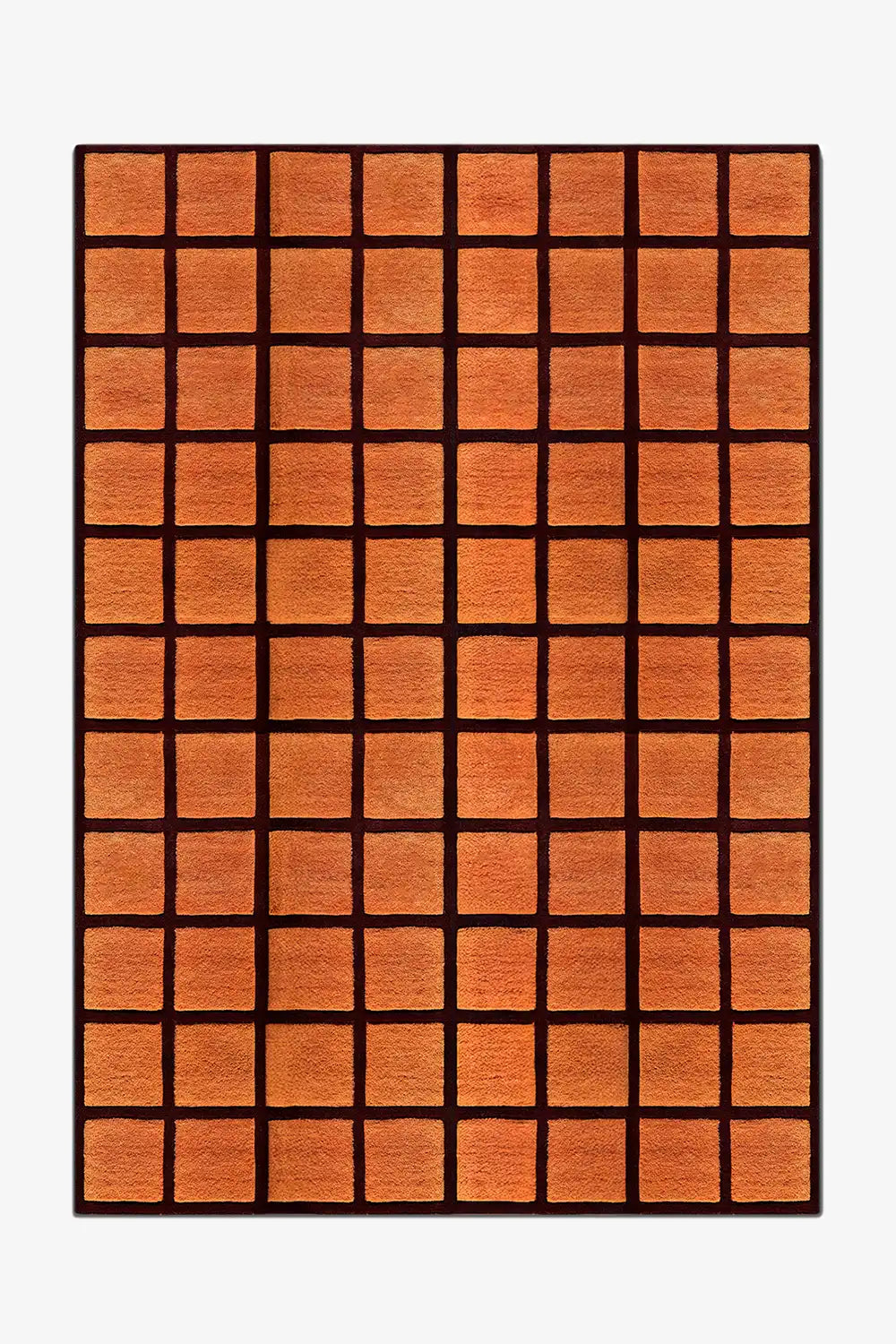 8x10 terracotta and brown wool rug with grid pattern and sculpted tufted texture, perfect for modern living rooms