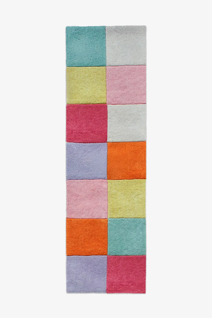 3x8 colorful checkered wool runner rug in playful pastel tones, perfect for kids' rooms, fun entryways, or colorful hallway decor.