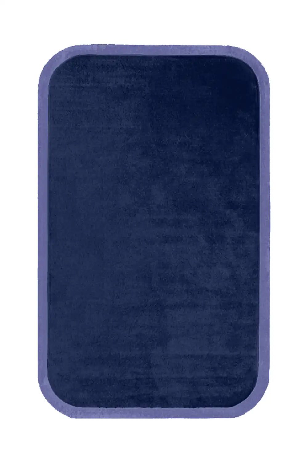 A deep navy wool rug with a luxurious feel, framed by a tonal blue contour border in a rounded rectangular silhouette.