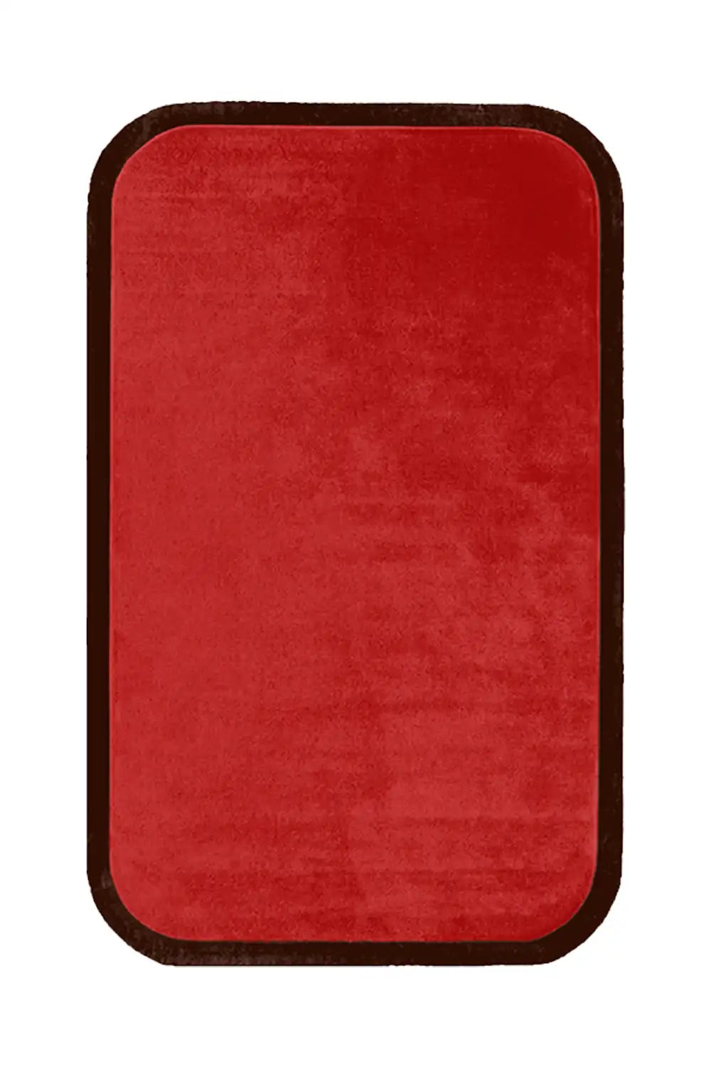 A rich rust-colored wool rug with a smooth, velvety texture and a dark brown outline along its curved rectangular edges.