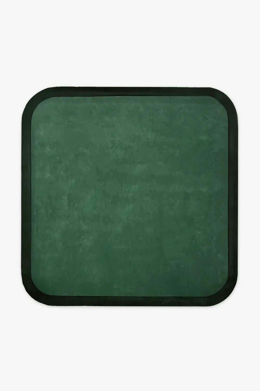 Rich dark green square modern wool rug with rounded edges, ideal for cozy square living room layouts