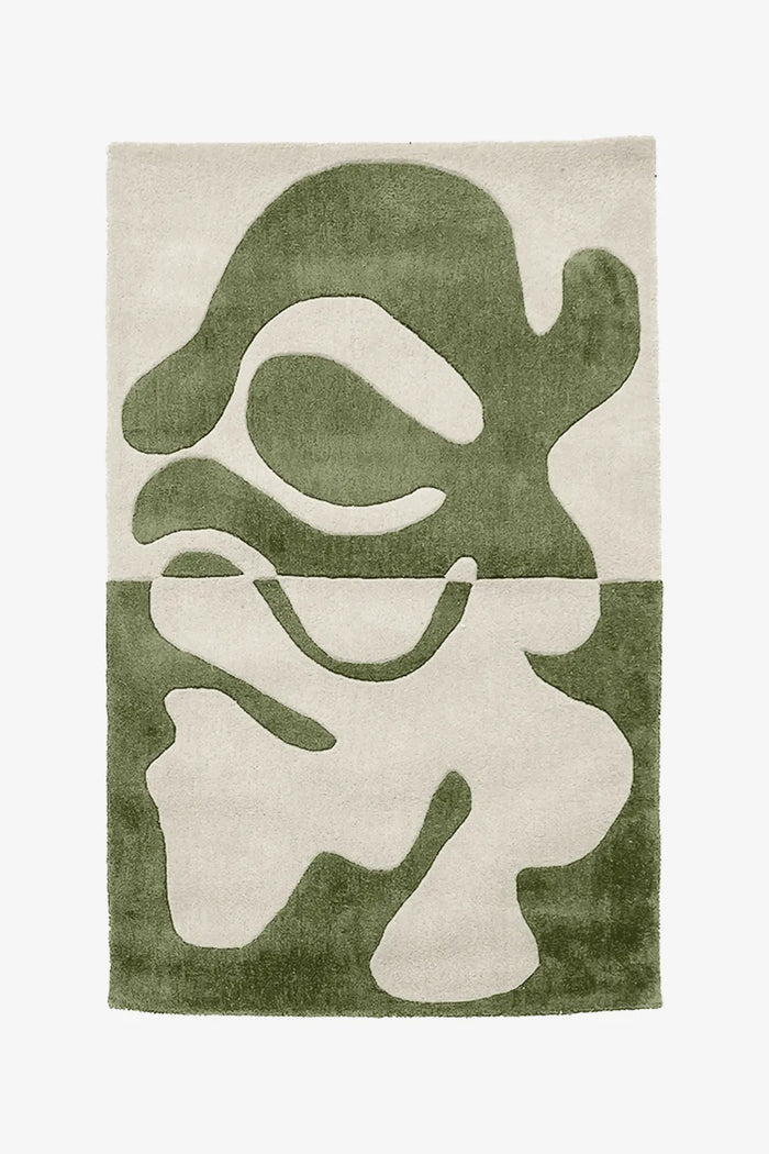 Olive green and cream abstract wool rug, modern living room area rug with organic shapes