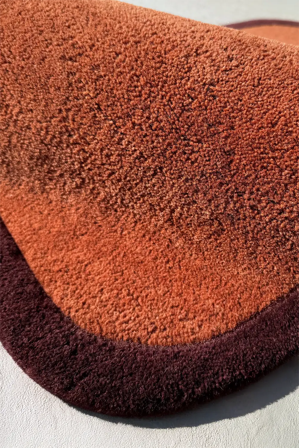 6x9 brown wool rug with curved edges and dark border