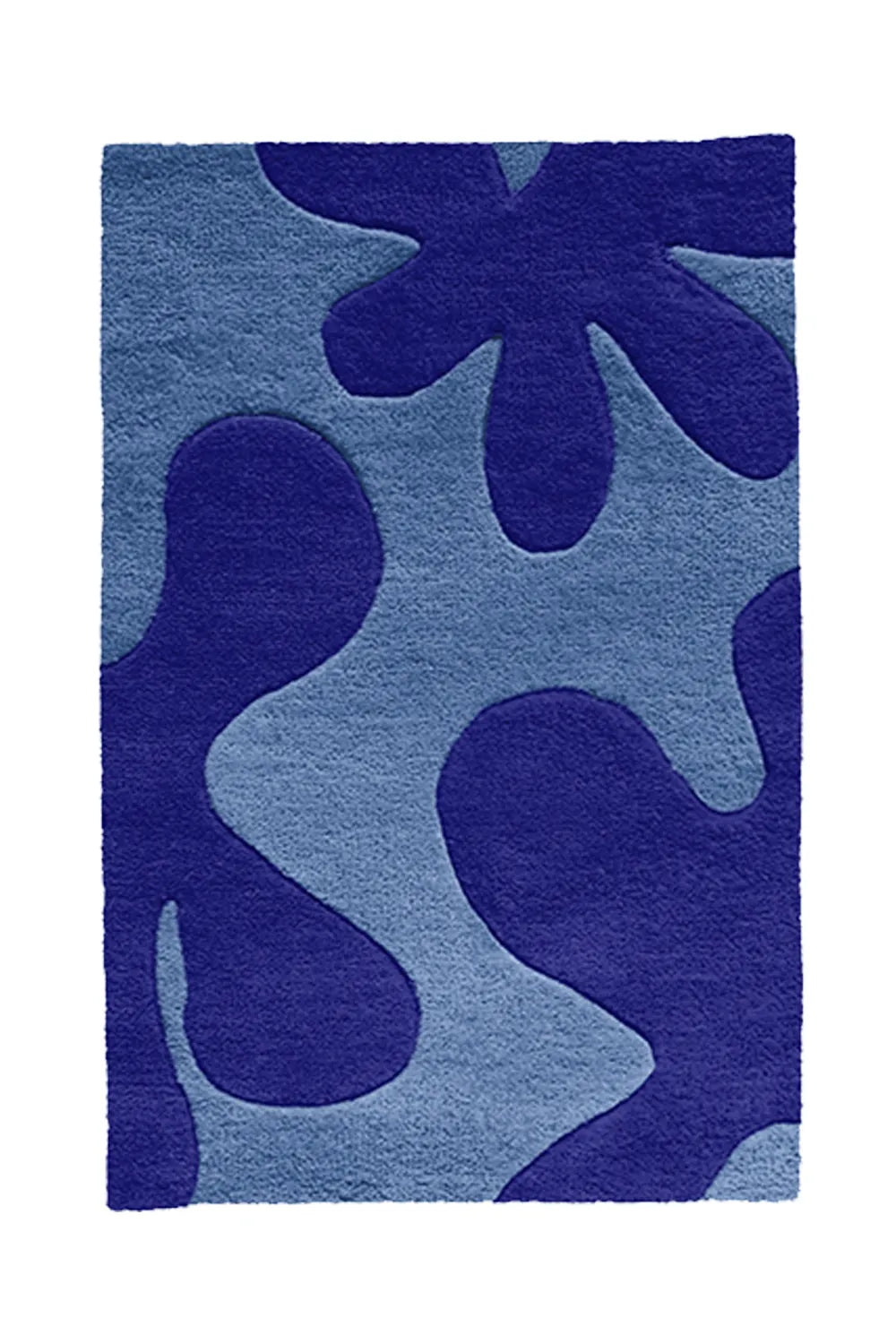 A bold wool rug showcasing a vivid blue and navy abstract pattern, ideal for a modern interior