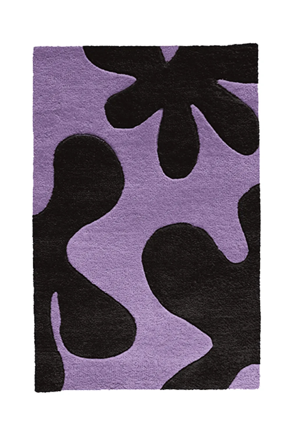 A modern wool rug with a lilac and black abstract motif, perfect for adding a soft yet dramatic contrast